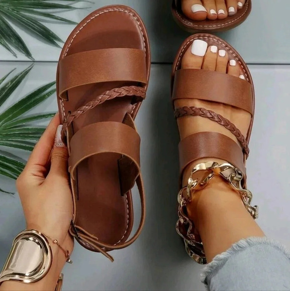 Women Braided Detail Buckle Decor Slingback Sandals, Vacation Flat Sandals - Picture 1 of 7